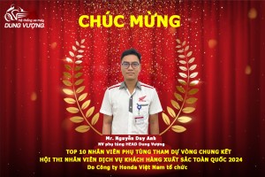 CHÚC MỪNG TOP 10 NHÂN VIÊN PHỤ TÙNG XUẤT SẮC VÀO CHUNG KẾT HỘI THI NHÂN VIÊN DỊCH VỤ KHÁCH HÀNG XUẤT SẮC 2024
